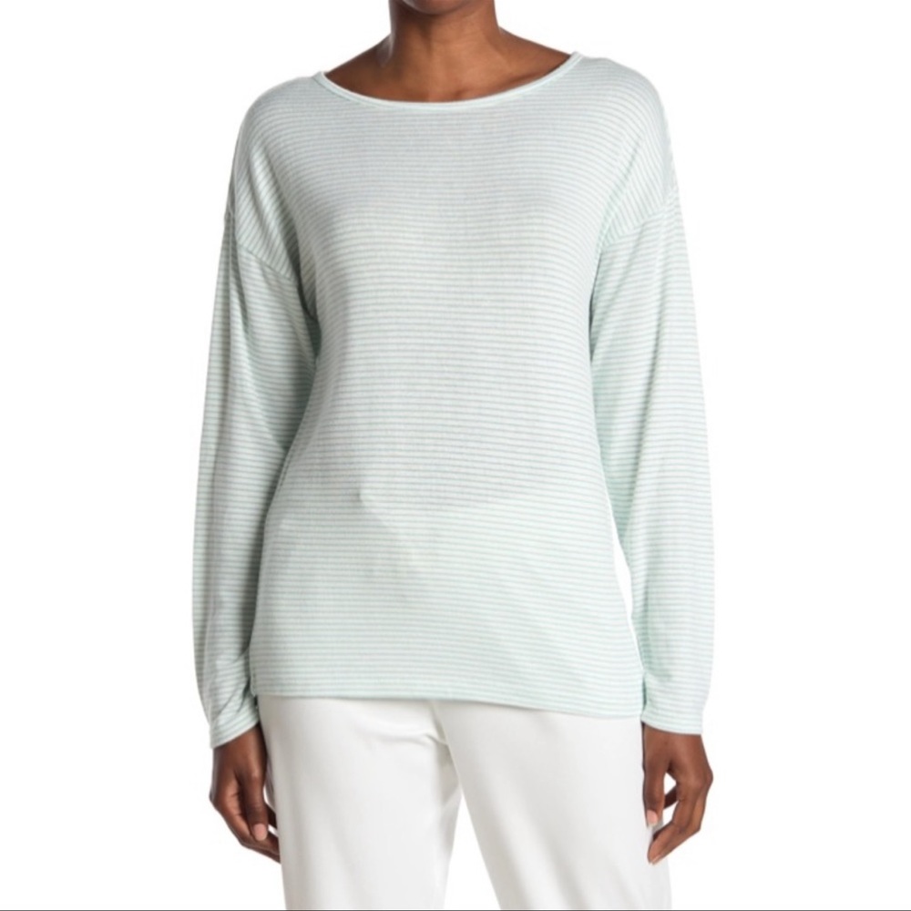 HALSTON STUDIO Striped Sleeve Pullover In Chalk Blue Stripe NWT size S
